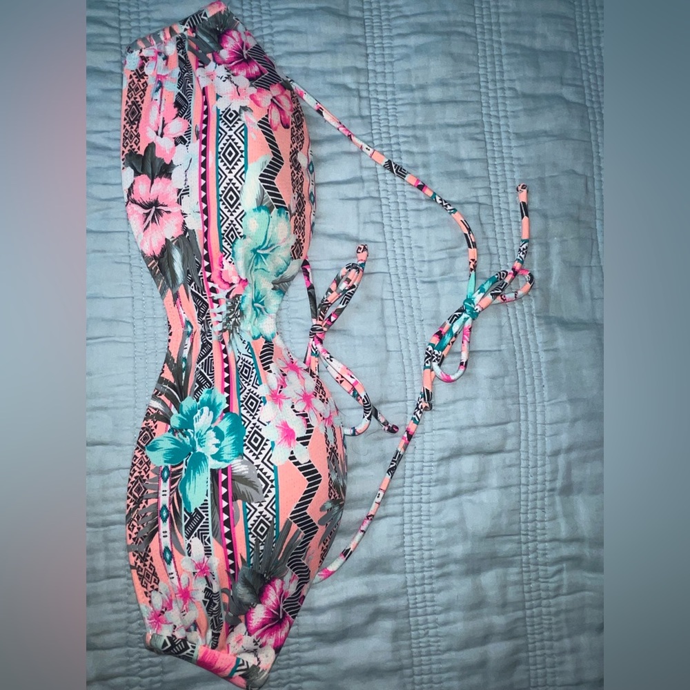 Two Large Bathing Suit Tops with matching Threaded side Green Bottoms Large!